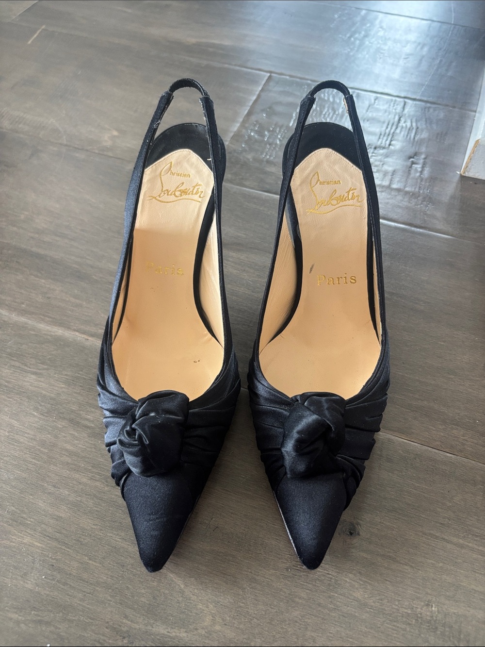 Christian Louboutin Black Satin Knotted Slingback Pumps